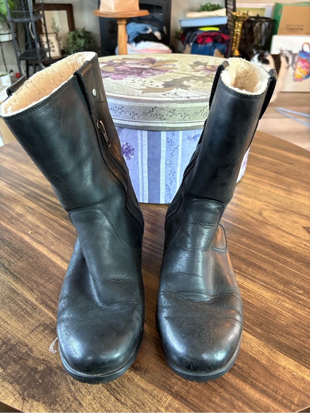 UGG Black Leather Mid-Calf Boots with Cream Shearling
